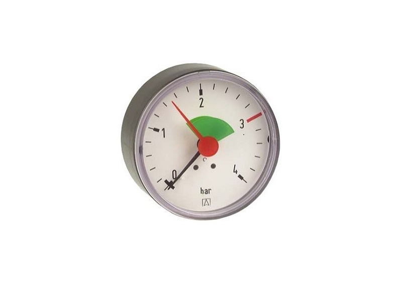 Afriso Manometer axial 3/8" AG, Ø 63 mm, Anzeige 0 - 4 bar, mit roter Marke bei 3 bar und grünem Feld von 1,5 bis 3 bar, selbstdichtend