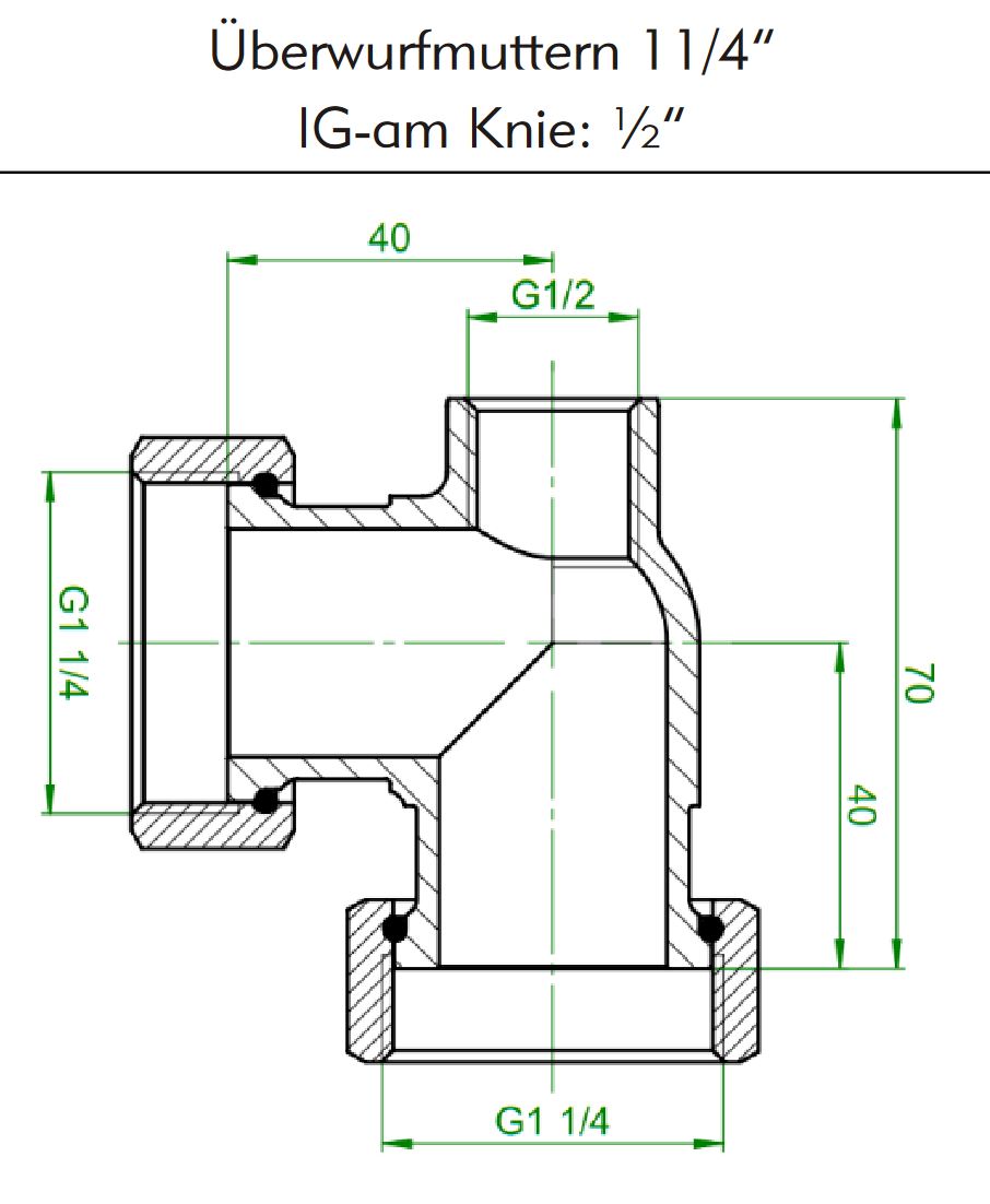 Eckverschraubung mit 2x Überwurfmutter 1 1/4" und 1/2" IG am Knie