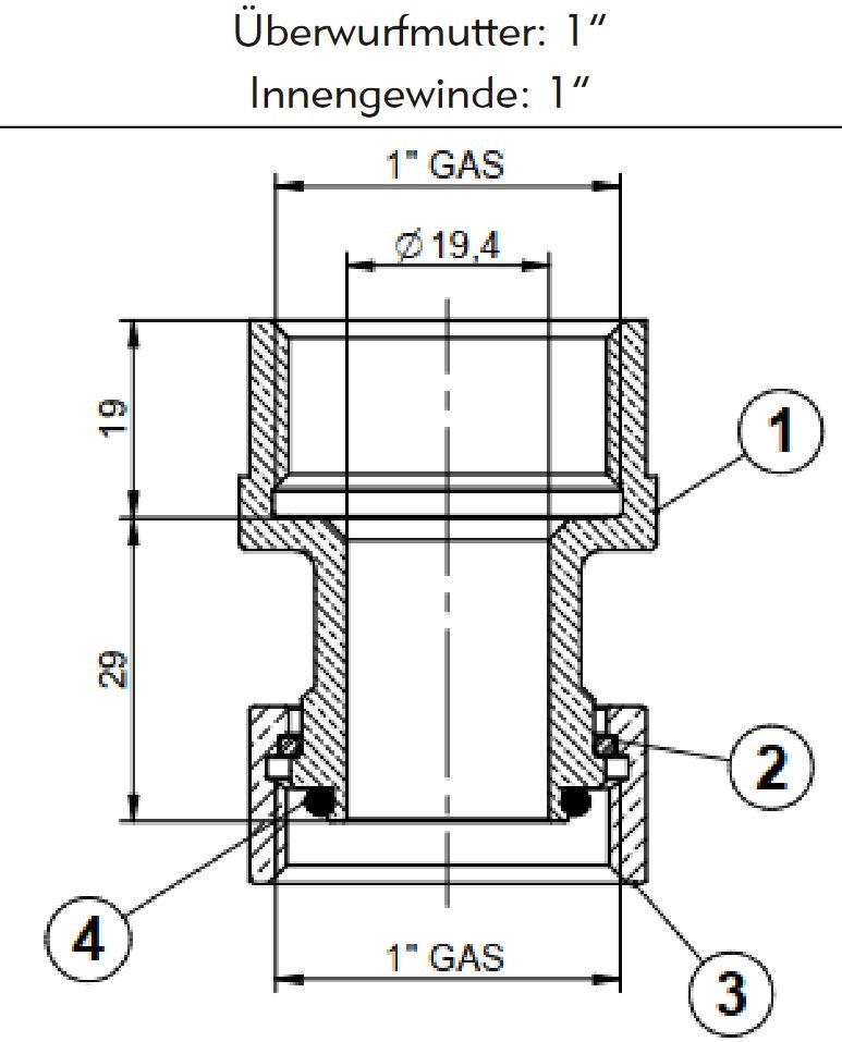 Verschraubung gerade ohne Dimensionsreduktion, mit 1" Überwurfmutter auf 1" IG