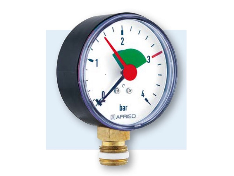 Afriso Manometer radial 1/4" AG, Ø 63 mm, Anzeige 0 - 4 bar, mit roter Marke bei 3 bar und grünem Feld von 1,5 bis 3 bar, selbstdichtend