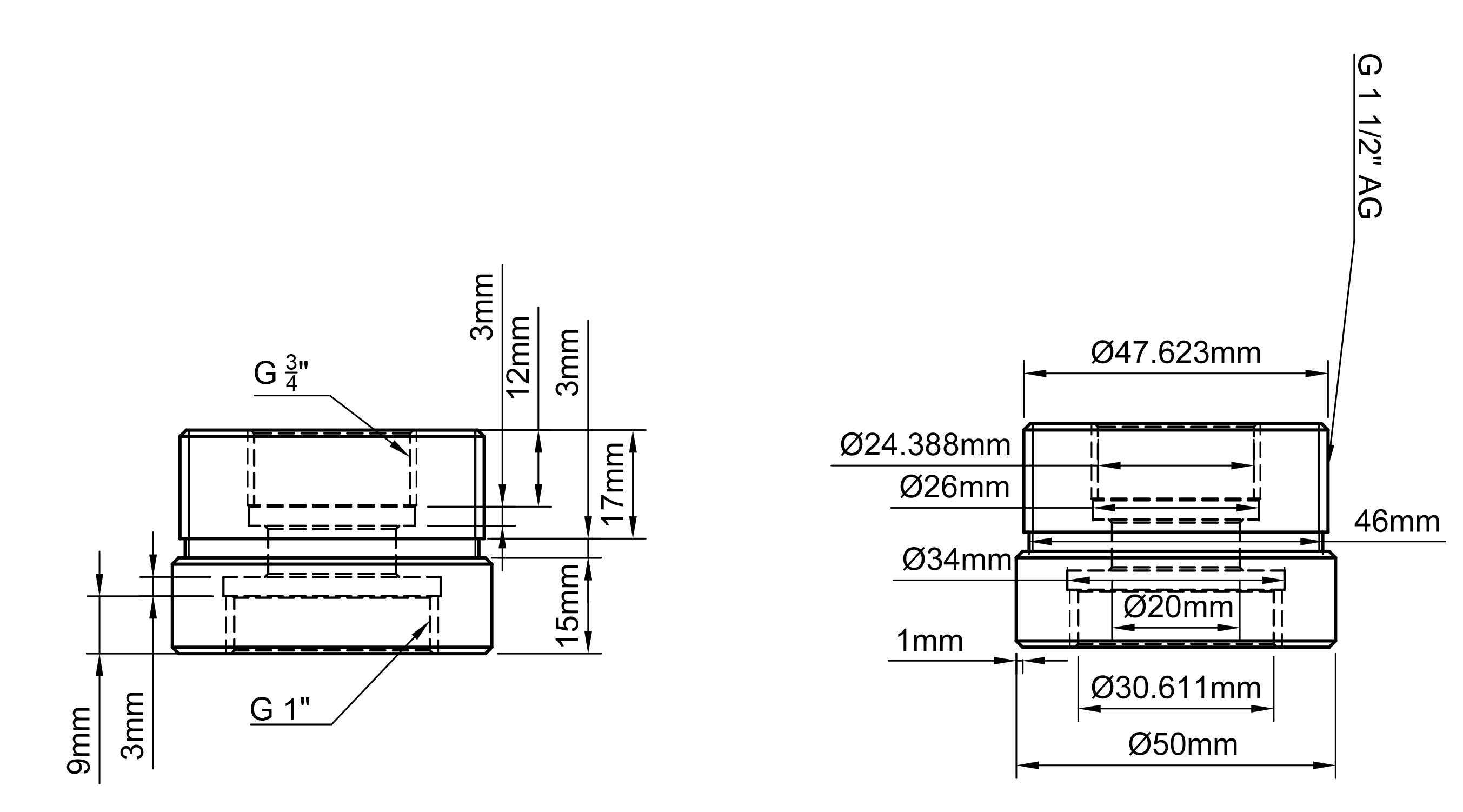 Messing Pumpenadapter  - Set von 130 mm Baulänge 1" AG auf 180 mm Baulänge 1 1/2" AG (Paar) inkl. Dichtungen