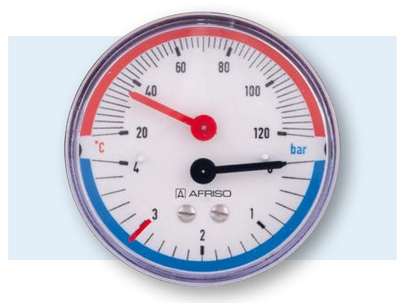 Afriso Thermo-Manometer axial, 1/2"AG, 20-120°C, Ø80mm, mit Ventil, 0-10 bar