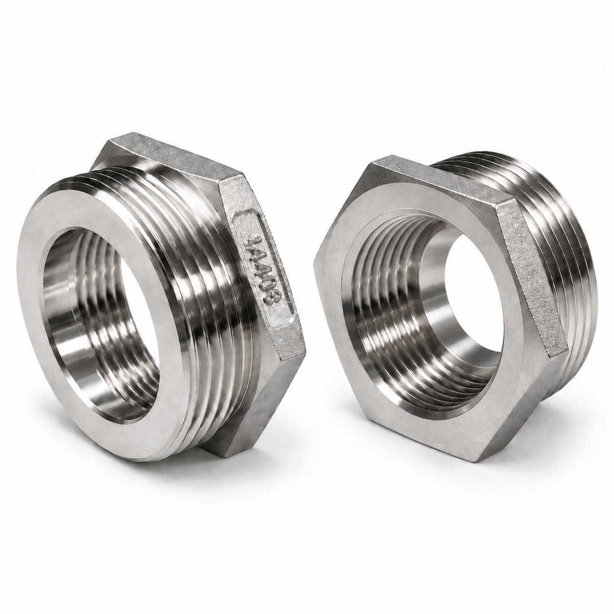 Edelstahl Reduzierung / Reduzierstück flachdichtend 2" AG x 1 1/2" IG, Werkstoff 1.4408