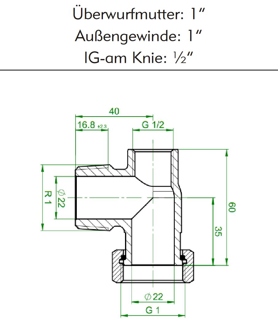 Eckverschraubung mit 1 x Überwurfmutter 1", 1 x 1" AG und 1/2" IG am Knie