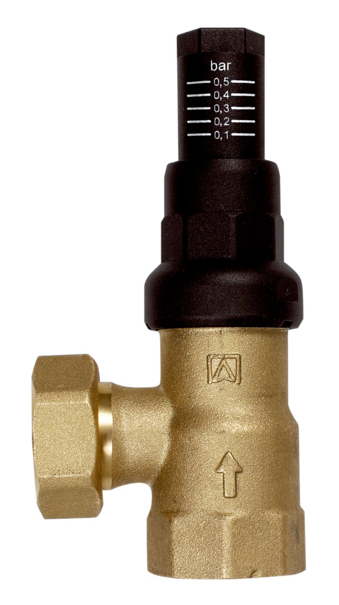 Afriso Differenzdruck-Überströmventil DÜ, Eckausführung, 3/4" IG x 3/4" Überwurfmutter, Differenzdruck einstellbar bis 0,1 - 0,5 bar