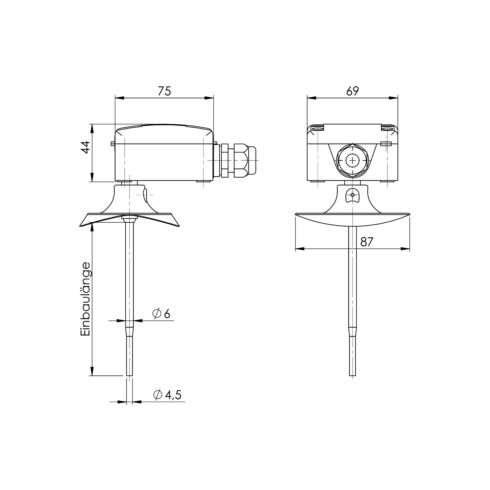 Kanaltemperaturfühler mit Montageflansch - schnellansprechend, PT 1000, Klasse B, Einbaulänge: 100 mm, 2-Leiter