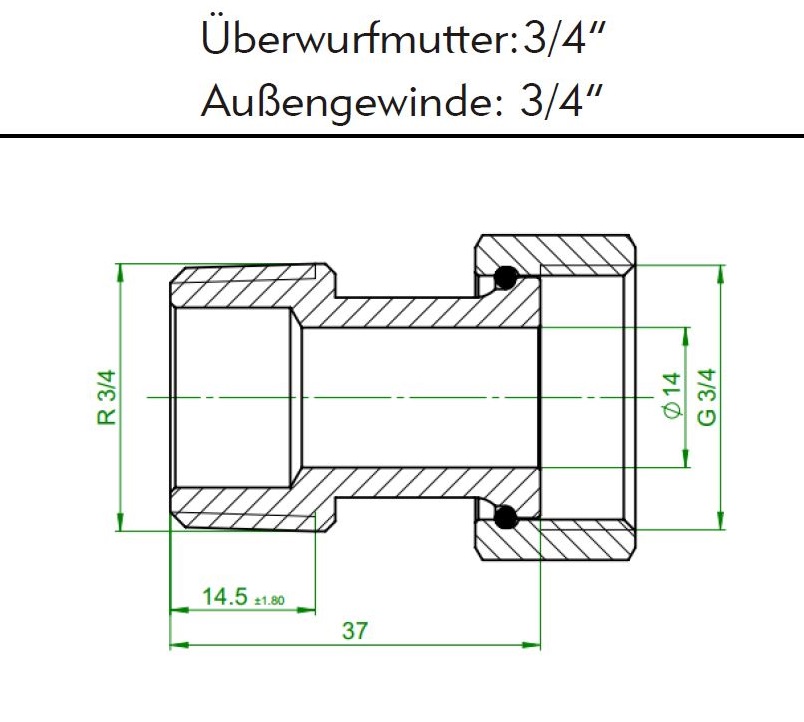 Verschraubung gerade ohne Dimensionsreduktion, mit 3/4" Überwurfmutter auf 3/4" AG