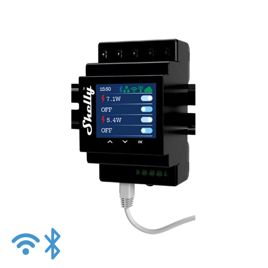 Shelly Pro 4 PM LAN + WLAN + Bluetooth Relais, mit Messfunktion, 4 x 16A (max. 40A), Hutschienenmontage, Alexa und Google Home