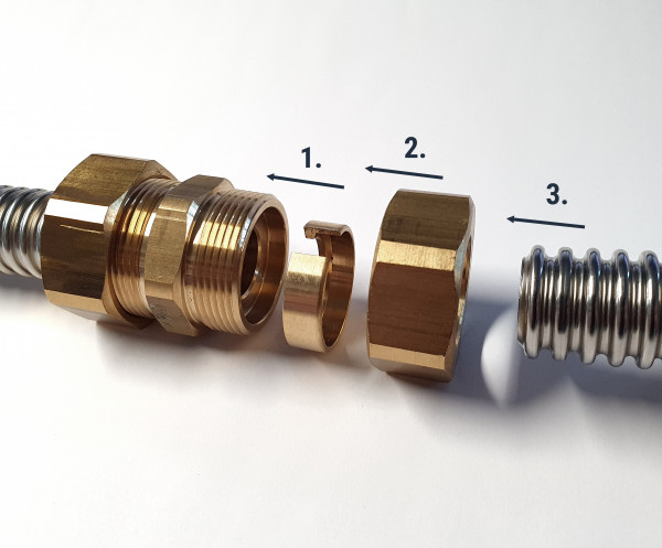 Schnellverschraubung für Edelstahlwellrohr metallisch dichtend, Kupplung DN 12 x DN 12